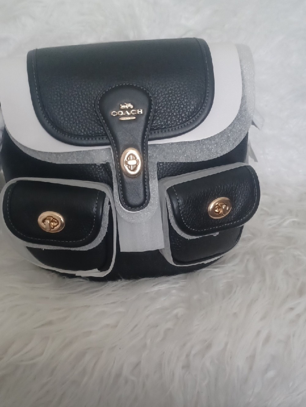 Coach Black Leather Mini Backpack with Gold-Tone Accents and Light Trim